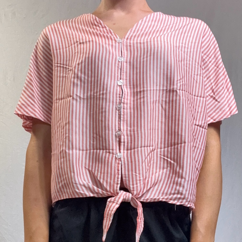 Striped Pink Button-Front Tie Hem Top - Women